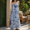 Blue and white tie-dyed halter strapless long dress for women's sleeveless short spice girl top details Picture